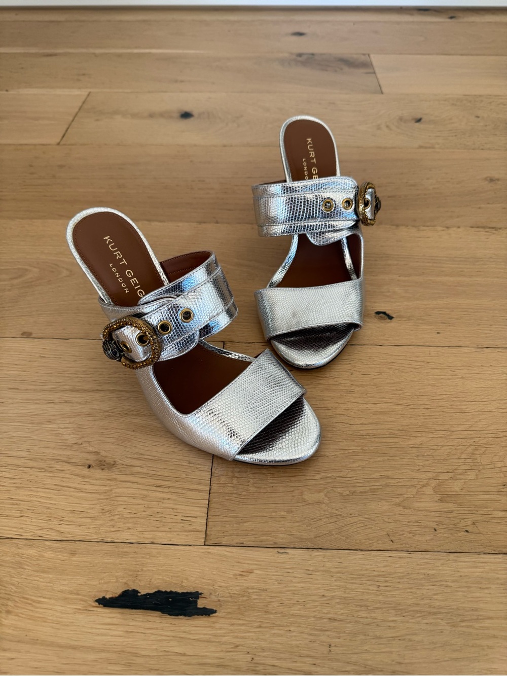 Kurt Geiger Silver Metallic Buckle Mule Heels